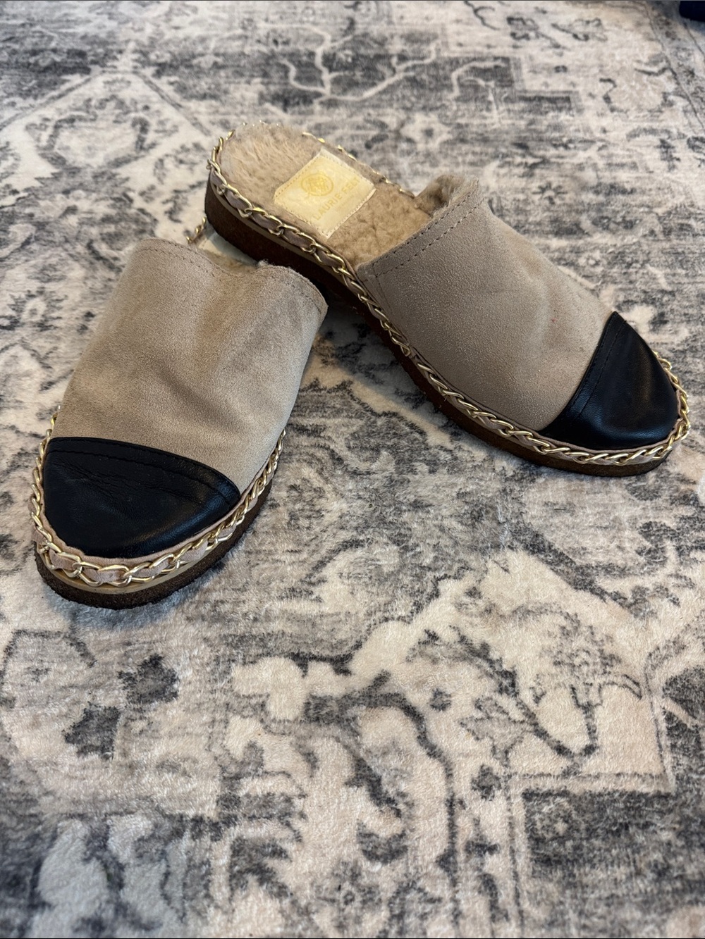 Laurie Felt Beige and Black Suede Slip-On Mules